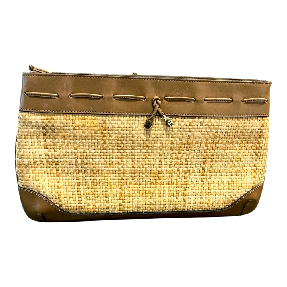 Vintage Etienne Aigner Brown Leather and Straw Raffia Clutch Hand Bag